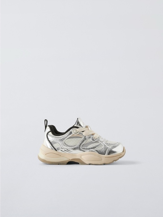 Zara Other - zara kids • size 7 toddler • metallic sneakers silver lace up chunky shoe
